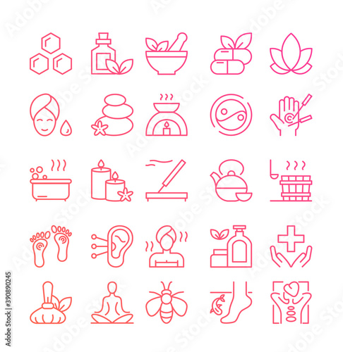 Ayurveda thin line icons set, outline vector illustration, symbols of healthy alternative medicine