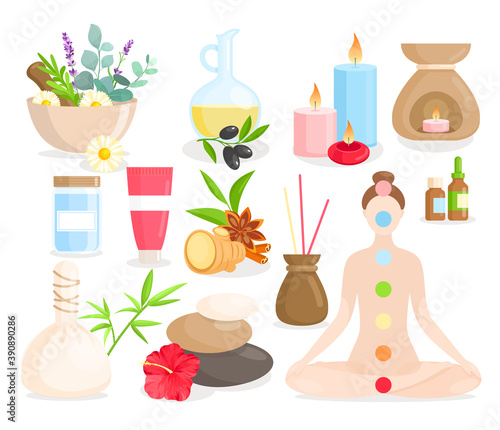 Ayurveda medicine cartoon set, ayurvedic collection with body care items, natural herbs, flowers.
