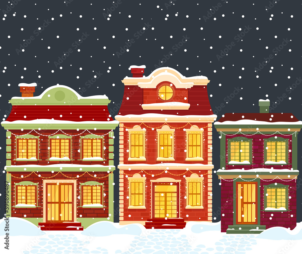 Christmas houses in cartoon winter city landscape under snow