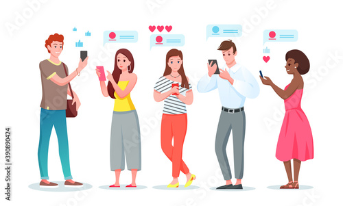Chat internet communication set, cartoon young people chatting in social media messenger phone app