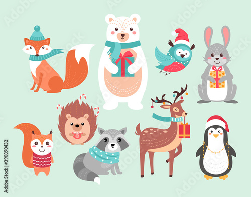 Christmas cute woodland animals vector illustration set. Funny forest xmas animal characters holding gifts and hot drink mug, wearing scarf and red Santa Claus hat, Christmas hand drawn background