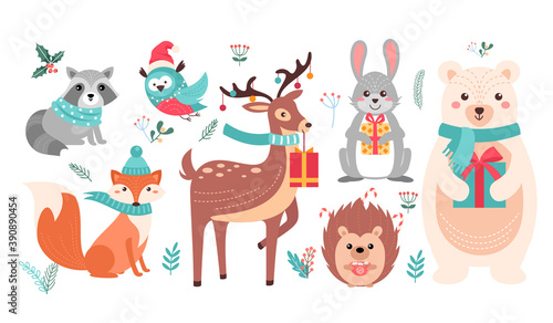 Christmas cute woodland animals set, forest xmas characters