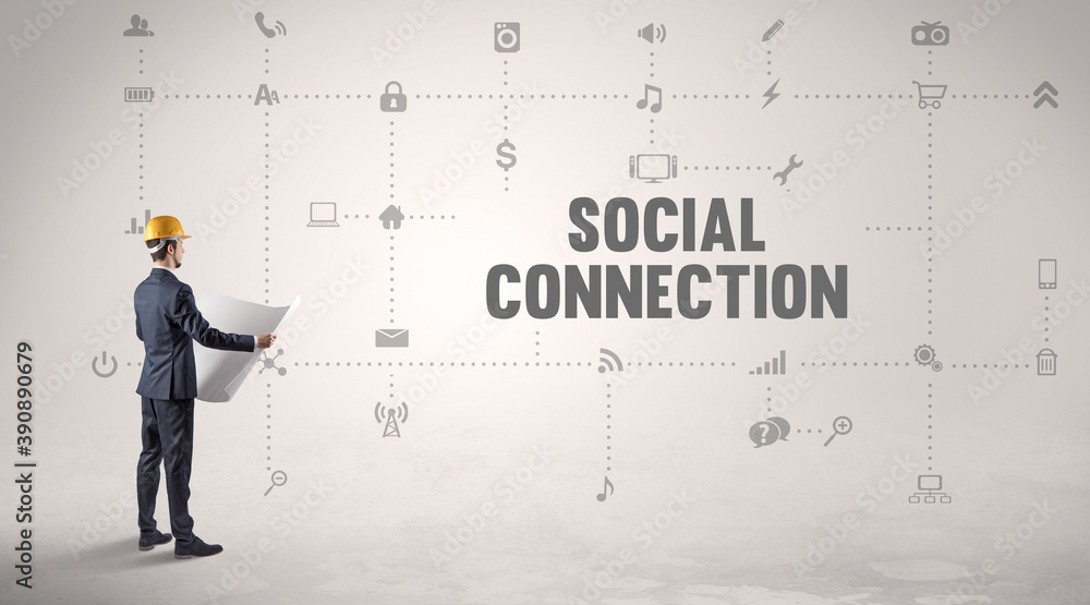 Engineer working on a new social media platform with SOCIAL CONNECTION inscription concept Engineer working on a new social media platform with SOCIAL CONNECTION inscription concept