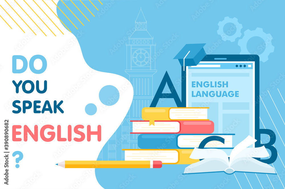 Learn English thin line vector illustration for website interface design, books for student learning language, school infographic education concept