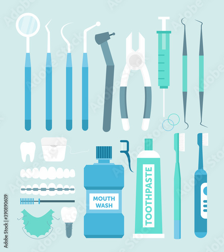 Vector illustration set of dental tools. Dental instruments collection, medicine and healthy, tooth care concept.