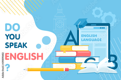 Learn English thin line vector illustration for website interface design, books for student learning language, school infographic education concept