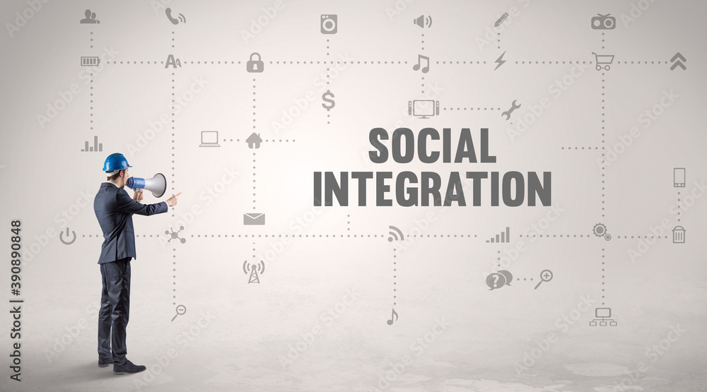 Engineer working on a new social media platform with SOCIAL INTEGRATION inscription concept