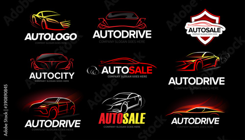 Automotive Car Logo Template Design set. Auto car dealer logo design with concept sports vehicle icon silhouette on black background. Vector illustration.