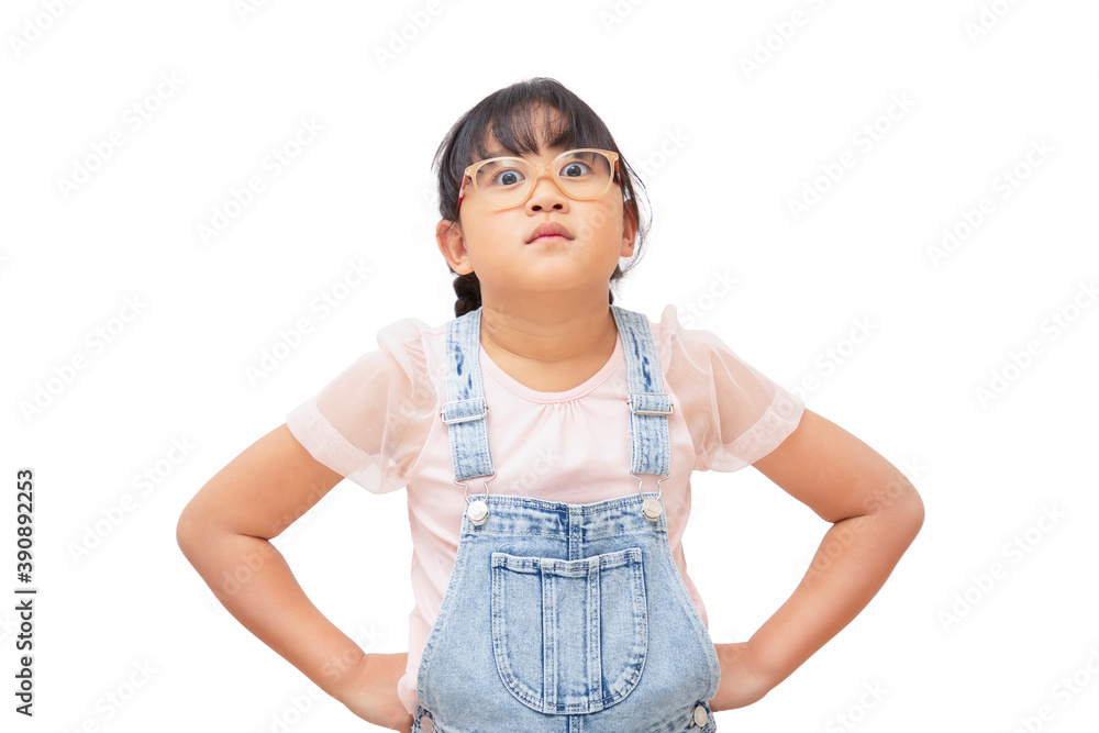 Happy little child wear glasses smiling and fun isolated over in the white background, Copy space Happy little child wear glasses smiling and fun isolated over in the white background, Copy space