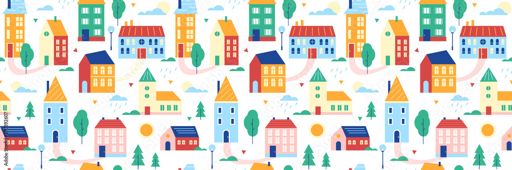 Houses seamless pattern vector illustration, cartoon flat cute summer cityscape with colorful buildings, traditional cottages, green trees