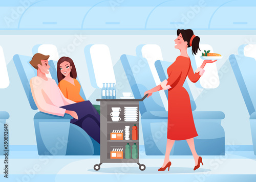 Hospitality service in airplane, cartoon stewardess working, serving passenger couple people