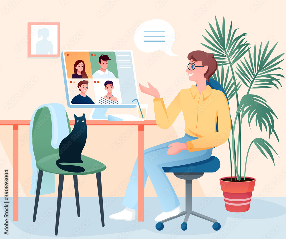 Video call to friends, cartoon happy young student character talking with friends on videoconference