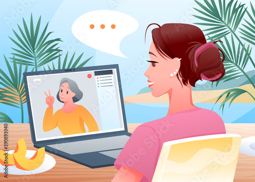 Video call to family, cartoon happy woman character using videocall chat app technology background
