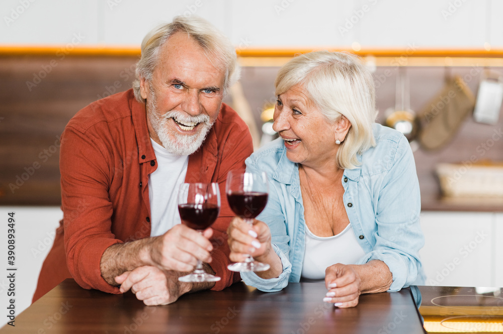 Happy gray-haired elderly spouses in casual wear stand in the kitchen with wine in their hands and look at the camera and laughing Happy gray-haired elderly spouses in casual wear stand in the kitchen with wine in their hands and look at the camera and laughing