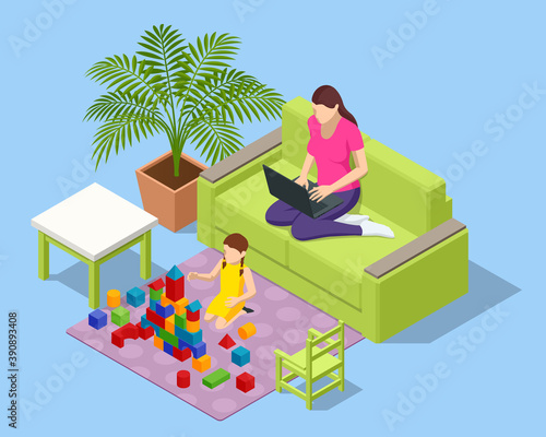 Isometric young mother works remotely from home, child playing in the room. Young woman working from home, while in quarantine Covid-19.