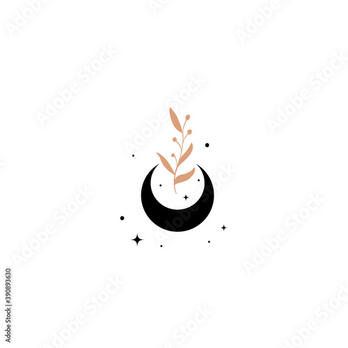 Fashion beauty moon logo template. Minamalism style moon logotype. Elegant moon logo with stars, leaves and planets. Elegant. Luxury.