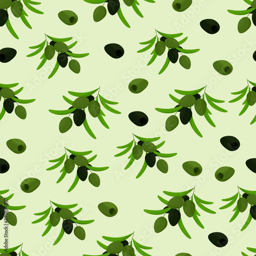 Seamless pattern of twigs and olive fruits. Vector. Decor element. Suitable for label or kitchen design.