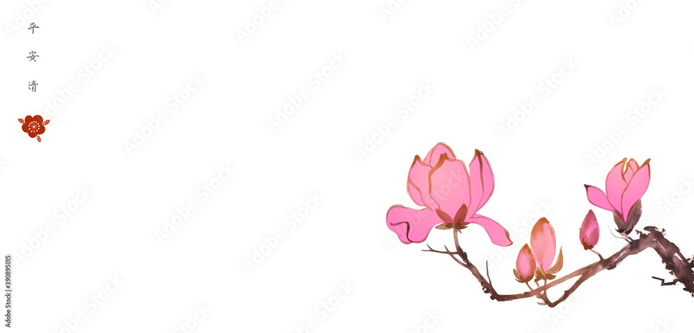 Pink magnolia flowers in oriental style on white  background. Translation of hieroglyphs  - peace, tranquility, clarity
