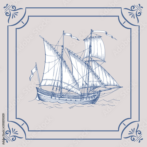Old caravel. Ship on the Blue Dutch tile. Imitation. Frigate, vintage sailboat, Sailing vessel , glazed porcelain ceramic.