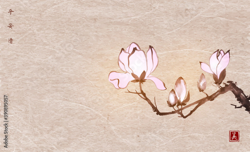 Pink magnolia flowers on vintage paper background. Traditional oriental ink painting sumi-e, u-sin, go-hua. Translation of hieroglyphs -  peace, tranquility, clarity, beauty