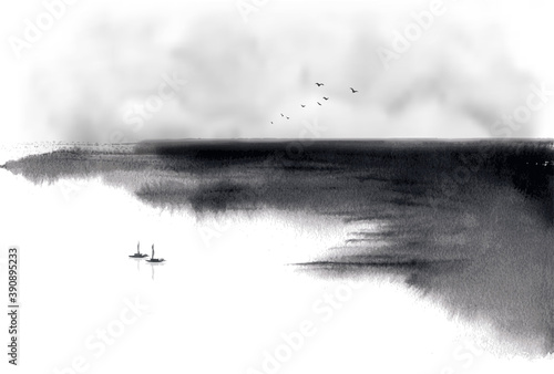Minimalist ink wash painting landscape with fishing boats and sea coast. Traditional Japanese ink wash painting sumi-e.