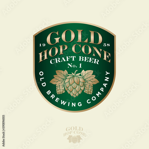 Gold Hop cone logo. Beer Pub emblem like classic signboard. Craft Beer logotype. Old brewing company.