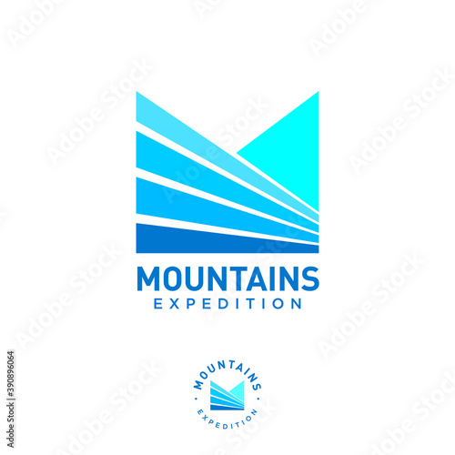Mountains expedition logo. M monogram. Letter M like mountain fields and blue peaks. Logo can used for business, extreme equipment, clothes, mount tourism.