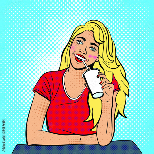Beautiful women european type drinking coffee. Girl with cup of coffe on background of pop art style.  Pop art vector illustration.