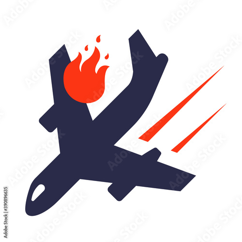 the plane icon falls due to an exploded engine. flames on the wing. flat vector illustration.