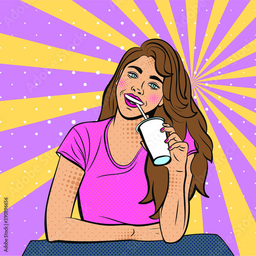 Beautiful women european type drinking coffee. Girl with cup of coffe on background of pop art style. Pop art vector illustration.