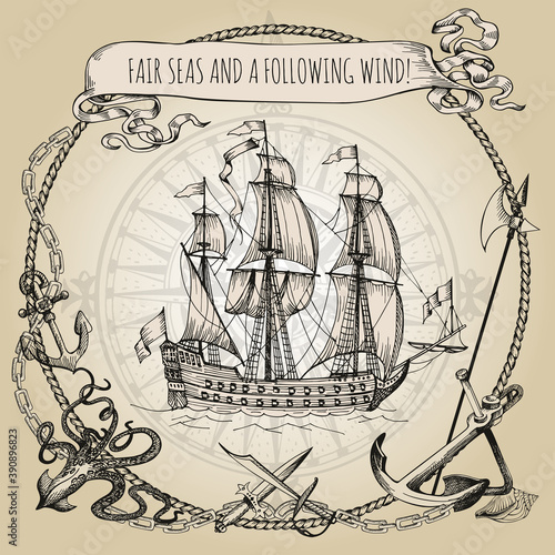 Image of an old sailing ship in a round frame made of ship ropes. Pirate background. Vintage border frame. Old caravel, vintage sailboat. Octopus, daggers, anchor, anchor chains
