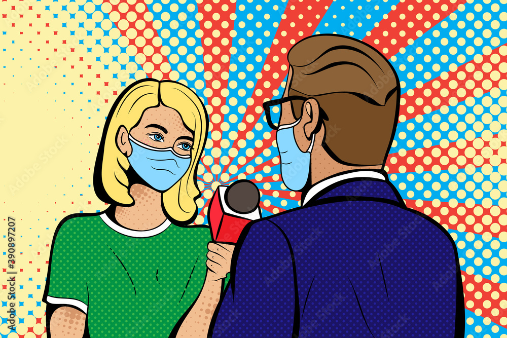 Journalist in mask with microphone pop art. Global quarantine. Use it for print or web poster design for actual info about pandemic. Journalist in mask with microphone pop art. Global quarantine. Use it for print or web poster design for actual info about pandemic.