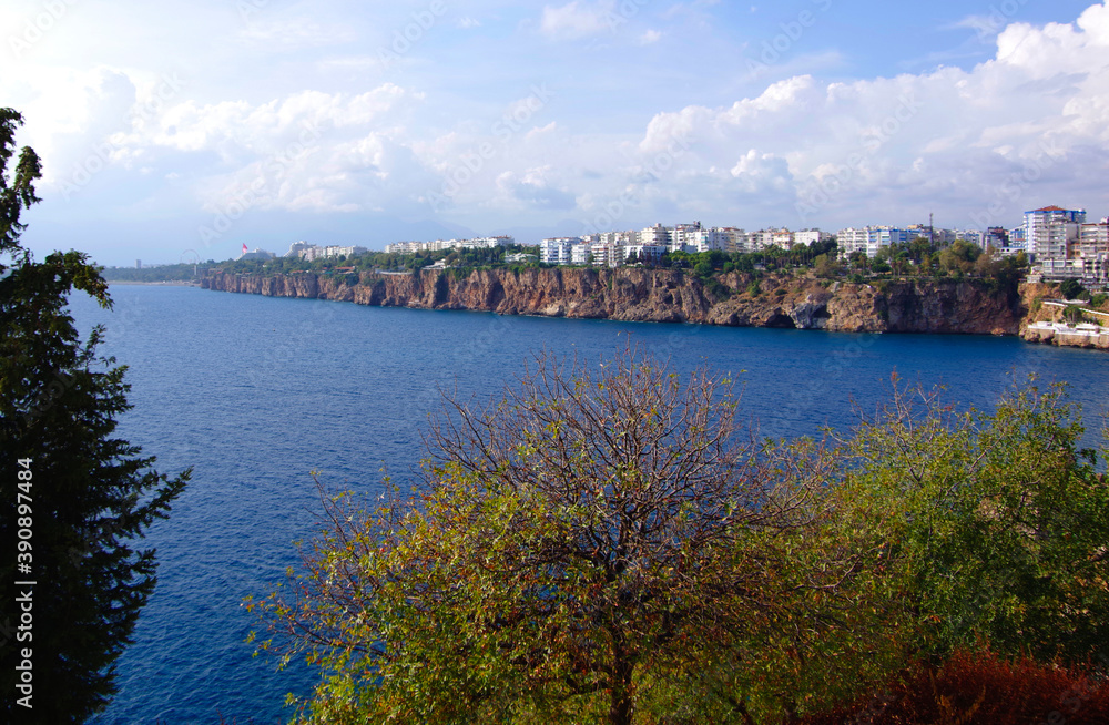 Turkey. Antalya. 20.10.20. View of the steep coast over the Mediterranean Sea and the city.