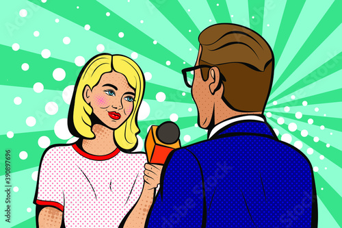 Beautiful girl interviews, journalist with microphone. Vector background in comic style retro pop art. 