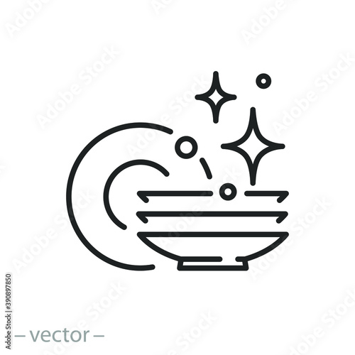 clean dishes icon, shiny plate stack, wash kitchen utensil, pile tableware, thin line symbol on white background - editable stroke vector illustration eps 10