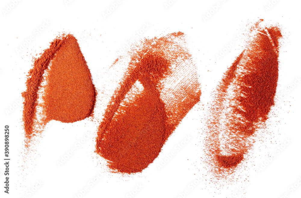 Set pile of red paprika powder isolated on white background, top view - obrazy, fototapety, plakaty 