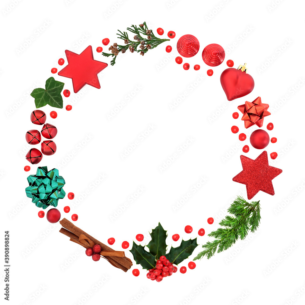 Christmas wreath with holly & loose berries, winter greenery & bauble decorations on white background. Abstract composition for the xmas holiday season. Flat lay, top view, copy space.
Christmas wreath with holly & loose berries, winter greenery & bauble decorations on white background. Abstract composition for the xmas holiday season. Flat lay, top view, copy space.