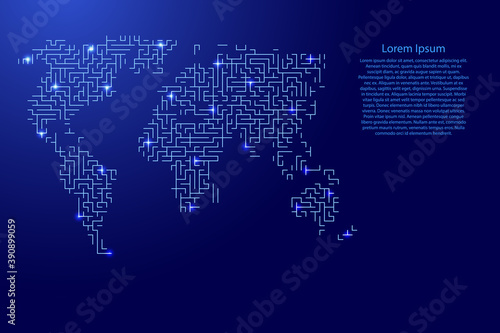 World map from blue pattern of the maze grid and glowing space stars grid. Vector illustration.