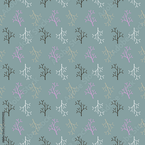 Gray background with umbrella inflorescences of delicate flowers, pink, beige, white, brown. Seamless background