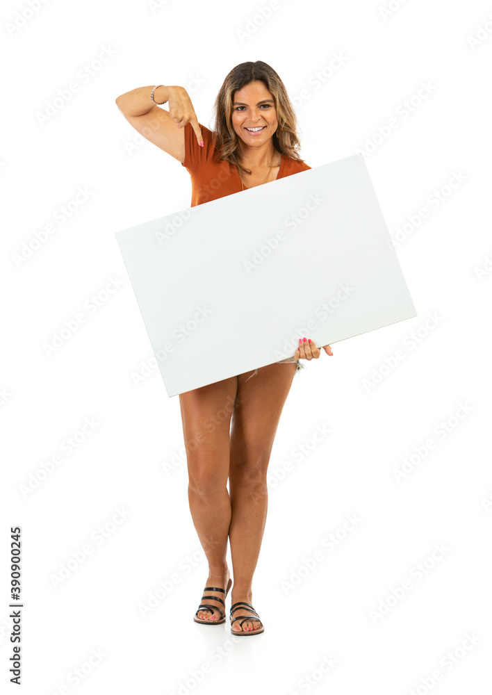 Casual Woman Points To White Card Sign