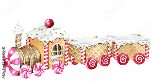 Watercolor Christmas  Gingerbread train