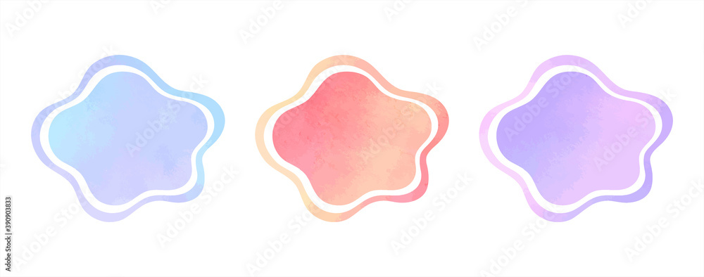Colorful watercolor vector liquid rounded shapes, fluid frames set. Gradient blue, lilac, pink watercolour stains texture. Hand drawn painted graphic design elements, text backgrounds collection. 