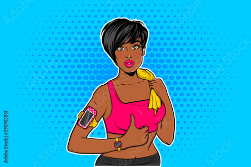 Sexy black african-american pop art girl on workout. Sporty woman with a phone holder on your hand, a sports watch and a wireless earpiece. Cartoon comics book style vector on halftone background.