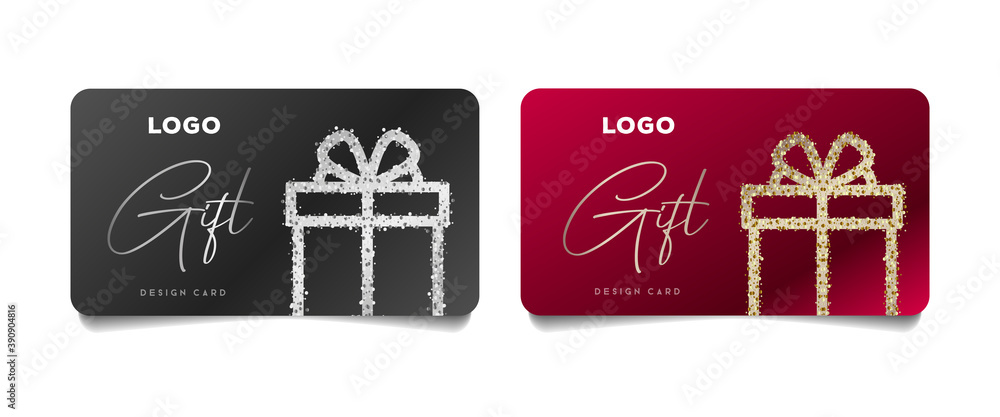 Set of gift vouchers with realistic gift box illustrations wraped in glossy metal paper with snowflakes, winter promo discount