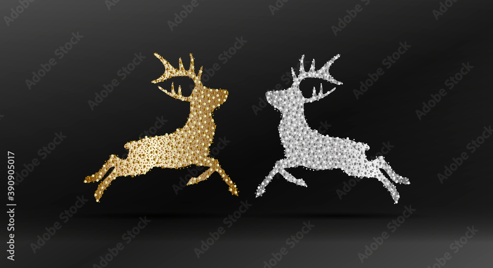 Obraz premium Christmas reindeer illustration, two symmetric silhouettes made of shiny glitter particles of gold and silver metal dots