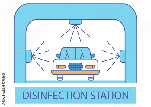 Disinfection tunnel. Sanitizing station or services. Sanitation tunnel for vehicle. Clean surfaces in a car. Cleaning and washing vehicle. Carwash icon. Automotive Cleaning