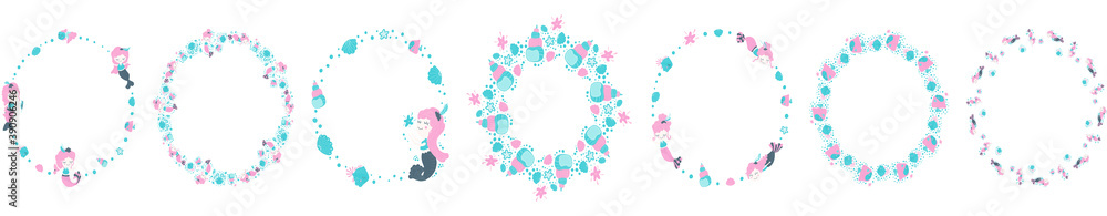 Set of 7 isolated cute baby round frames of cute cartoon mermaids, fish, marine life and bubbles on a white background. For the photo decoration, invitations, posts, postcards. Undersea world. Vector.