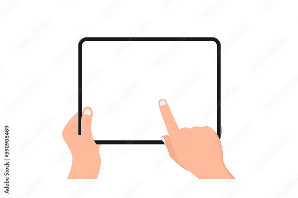 Hands holding black tablet with blank screen on white background. Human hand using digital tablet and finger touch screen. Template Mockup tablet pc with blank screen. Design for web site, mobile app - obrazy, fototapety, plakaty 