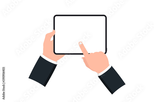 Hands holding black tablet with blank screen on white background. Human hand using digital tablet and finger touch screen. Template Mockup tablet pc with blank screen. Design for web site, mobile app