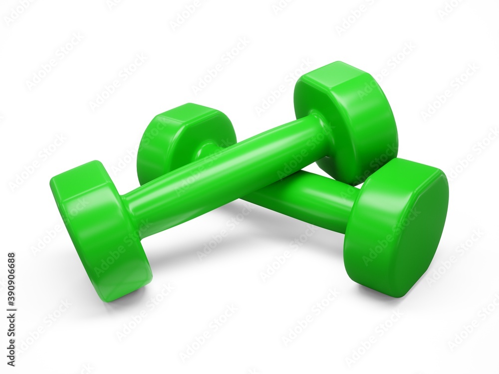 3D rendering Green Dumbbells for sports isolated on white background 3D rendering Green Dumbbells for sports isolated on white background